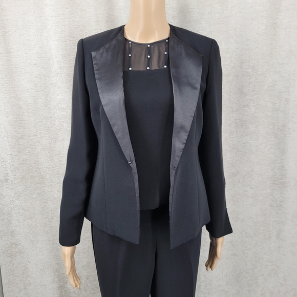 Jessica Howard Black Satin Trim Blazer Pantsuit 3 Piece Blousr Pants Jacket - Picture 5 of 16